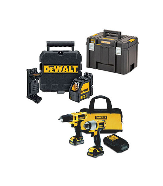 Set Dewalt: Taladro Atornillador + Atornillador de Impacto + Láser DW088K + Maletín Profundo + 2 Baterias 1,3 AH