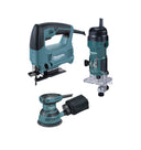 Set herramientas eléctricas Makita MT: Sierra de calar 450W + Fresadora 530W + Lijadora Rotorbital 230W PRK00185