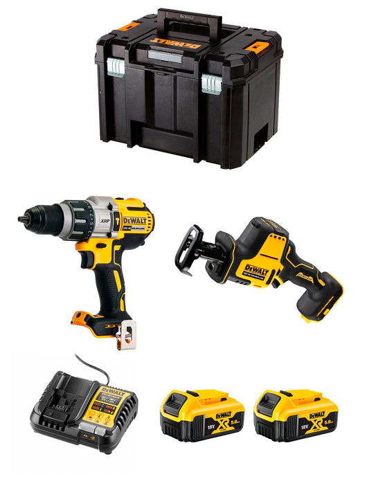 Kit Dewalt Taladro Percutor DCD996 + Mini Sierra Sable DCS369 + 2bat 5Ah + cargador + TSTAK VI DCK269P2