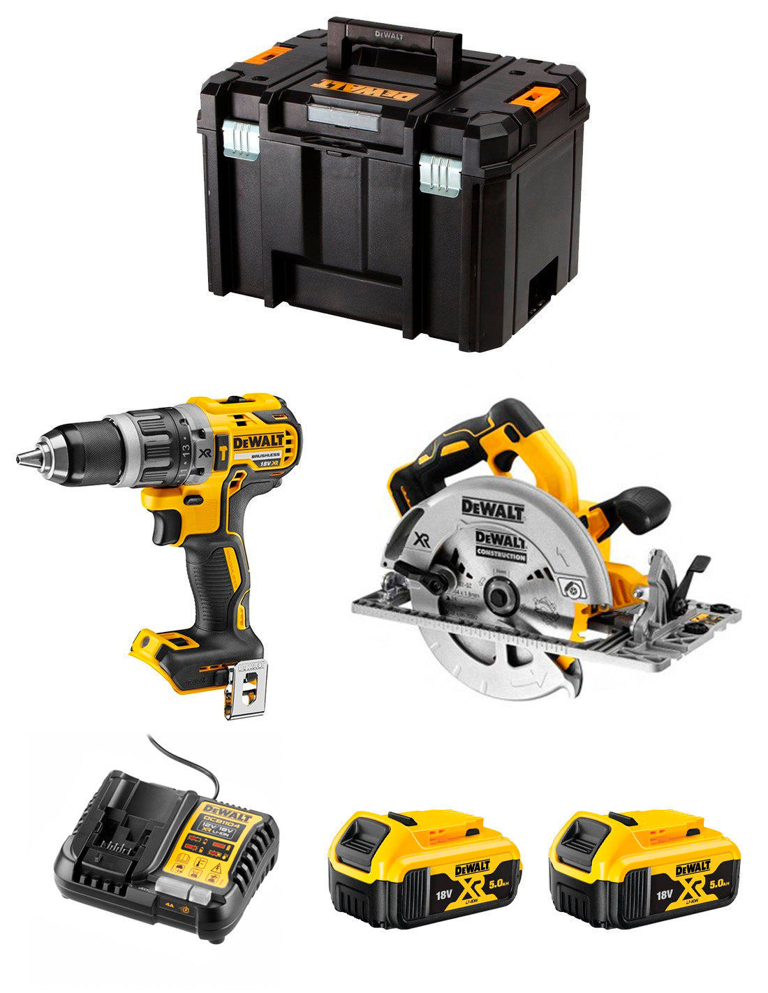 Kit Dewalt Taladro Percutor DCD996 + Sierra Circular DCS572 + 2bat 5Ah + cargador + TSTAK VI DCK296P2