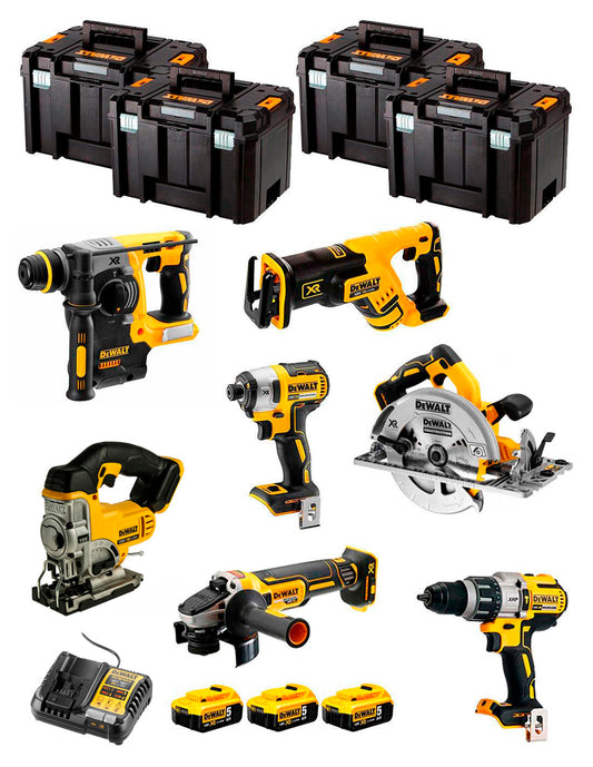 Kit Dewalt 7 herramientas + 3 bat 5ah + Cargador DCB1104 + 4xTstak VI Kit DCK767P3