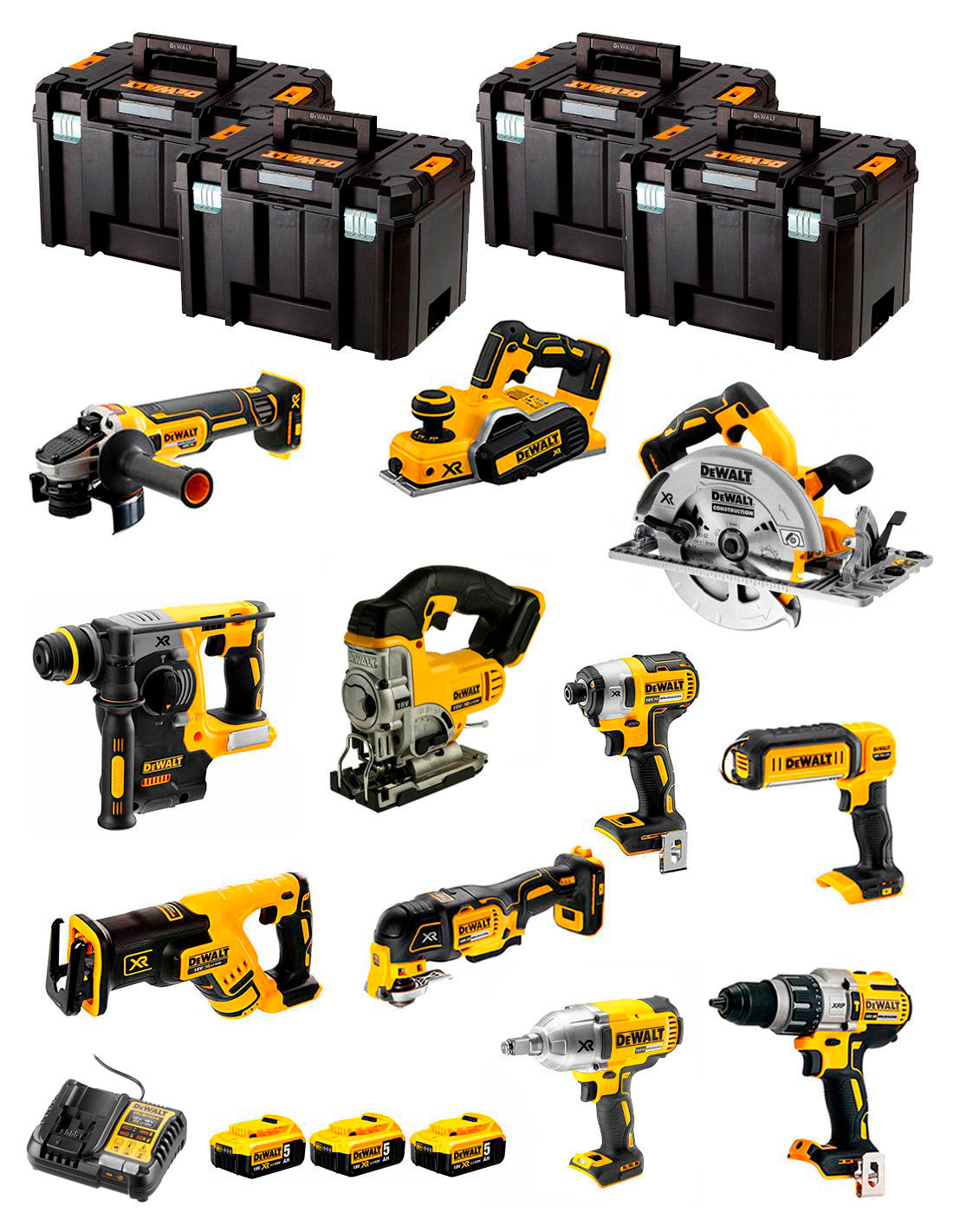 Kit Dewalt 11 herramientas + 3bat 5Ah + Cargador DCB1104 + 4xTSTAK DCK116P3