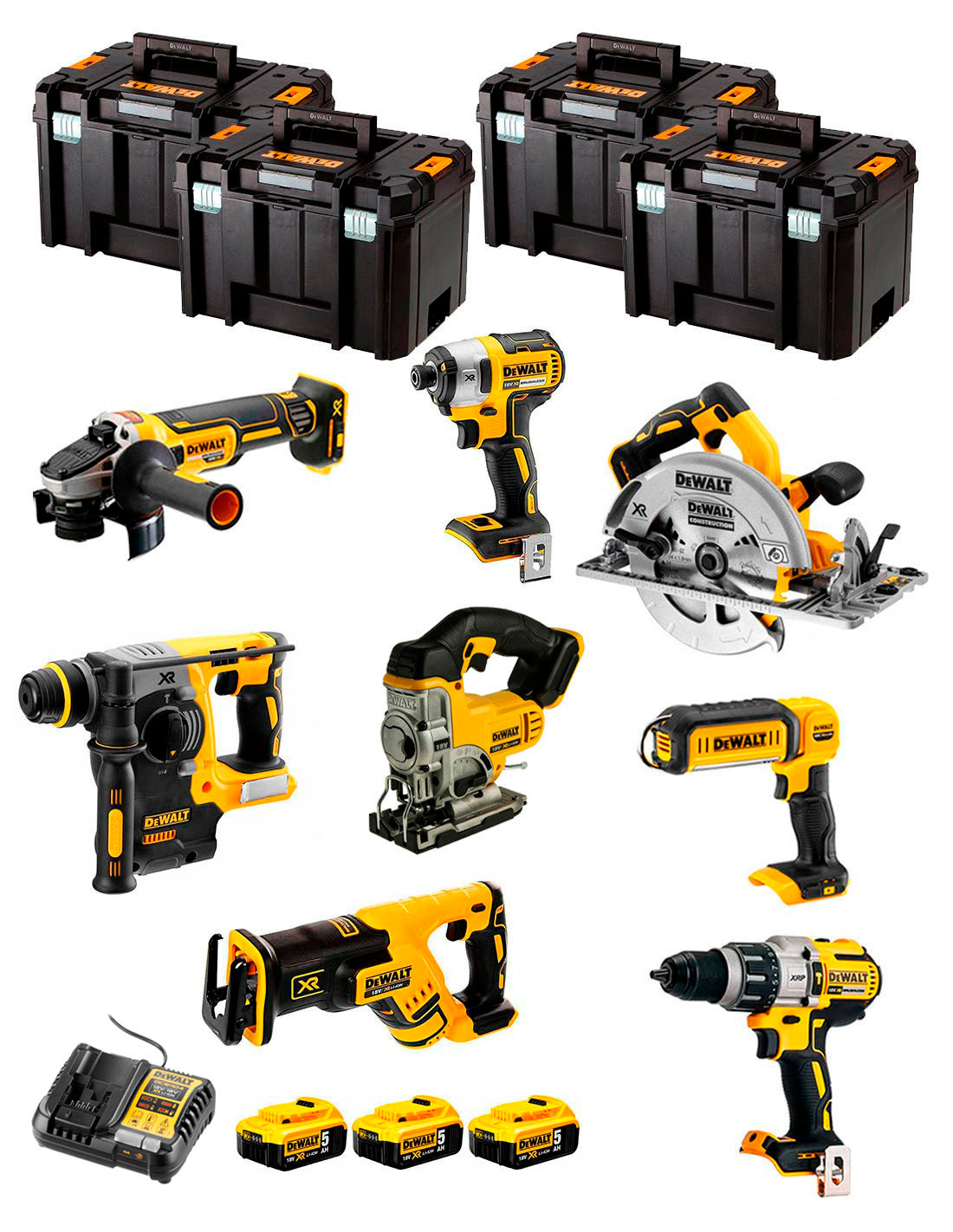 Kit Dewalt 8 herramientas + 3 bat 5ah + Cargador DCB1104 + 4xTstak VI Kit DCK870P3