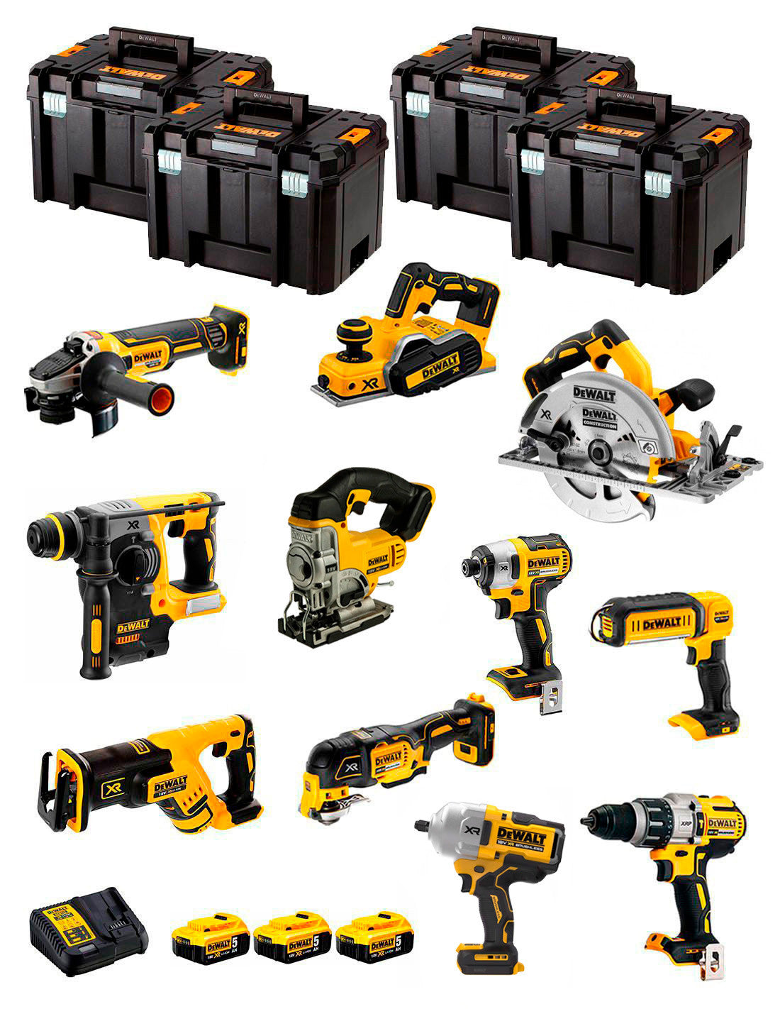 Kit Dewalt 11 herramientas + 3bat 5Ah + Cargador DCB115 + 4xTSTAK DCK110P3