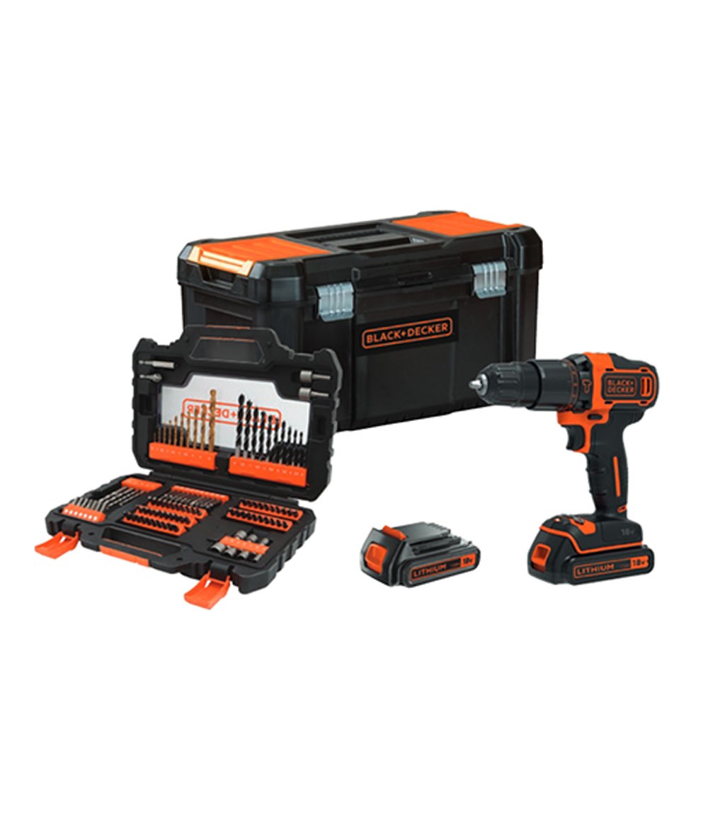 Set Taladro Percutor 18V + kit 104 piezas con Brocas Titanio + 2 bat 1.5Ah + maletín Black+Decker BDCHD18S2KA-QW