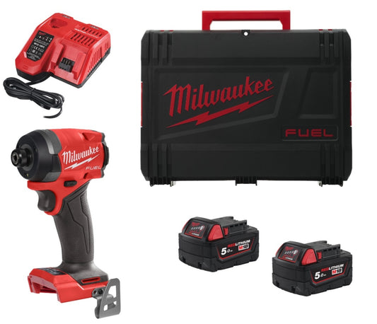 Atornillador de impacto M18 Fuel ¼″ hex + 2 bat 5Ah + cargador + maletín Milwaukee M18 FID3-502X