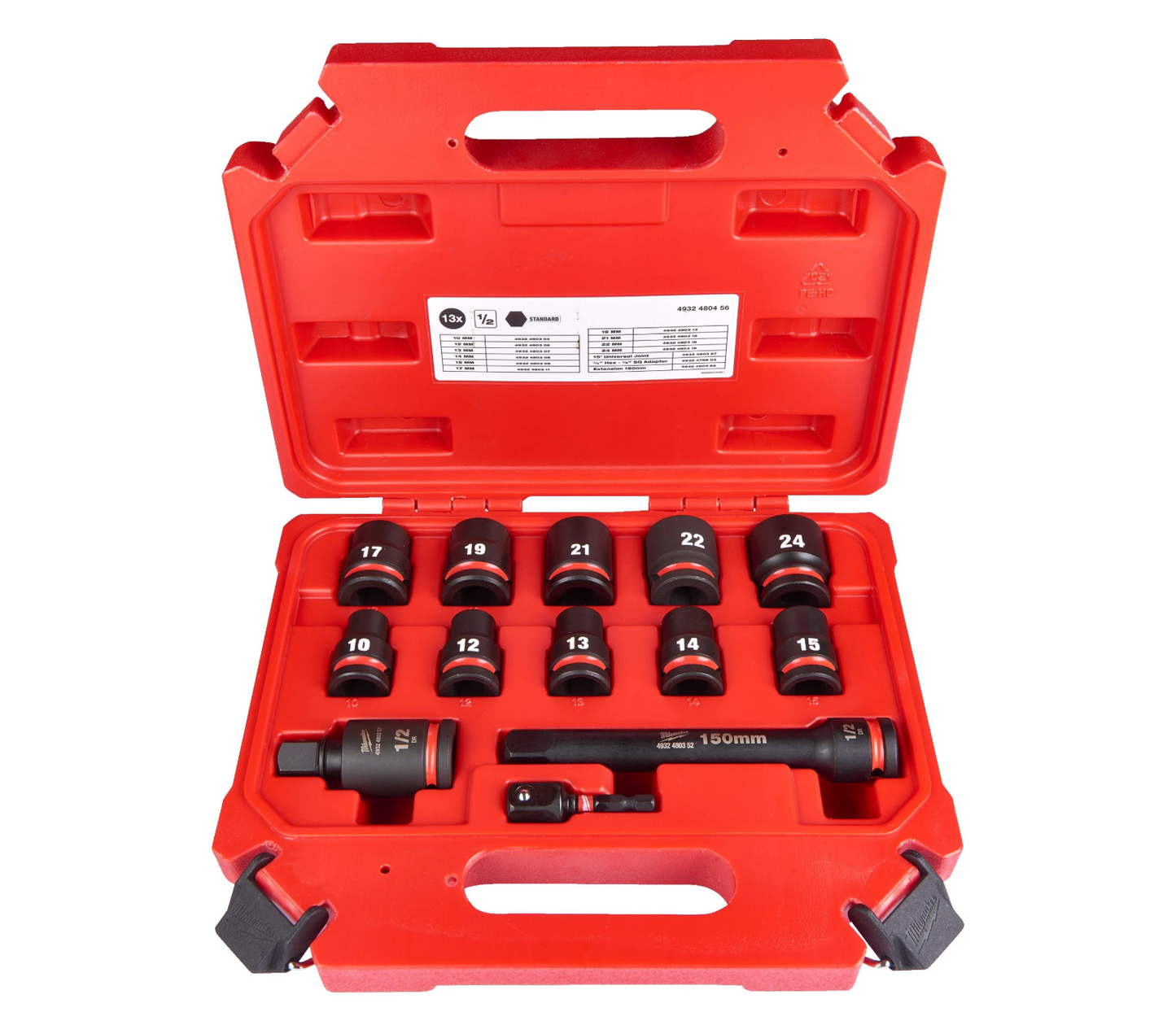 Juego de 13 piezas con vasos de impacto cortos 1/2" Milwaukee