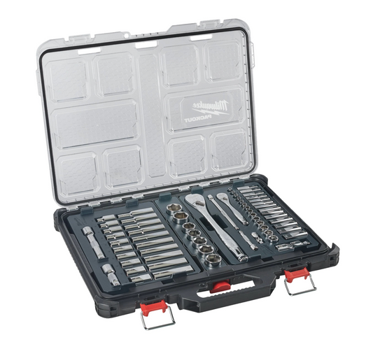 Juego de 63 piezas con vasos y carraca de 1/4" y 1/2" con organizador Slim Compacto Milwaukee