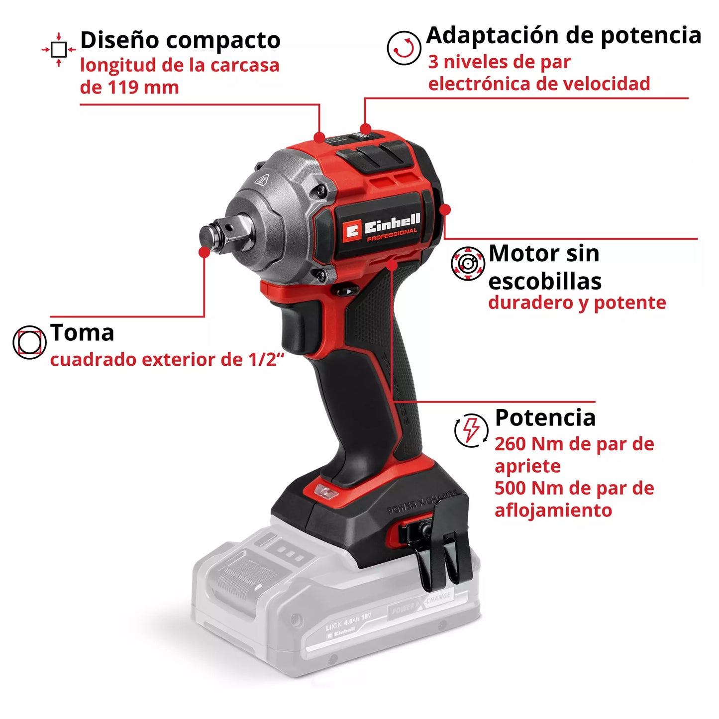 Llave de impacto 1/2 18V 260Nm TP-CW 18/260-C Li BL - Solo Einhell