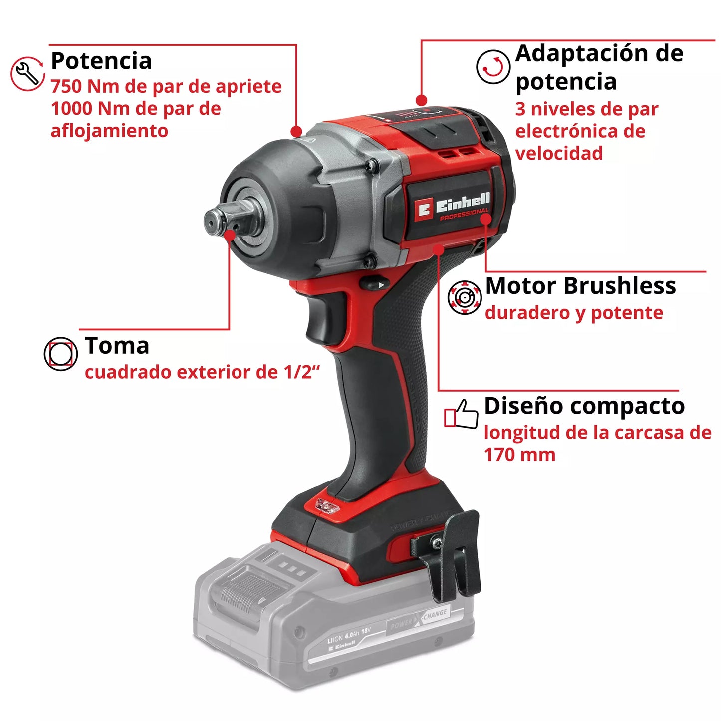 Llave de impacto 1/2 18V 750Nm TP-CW 18/750-C Li BL - Solo Einhell