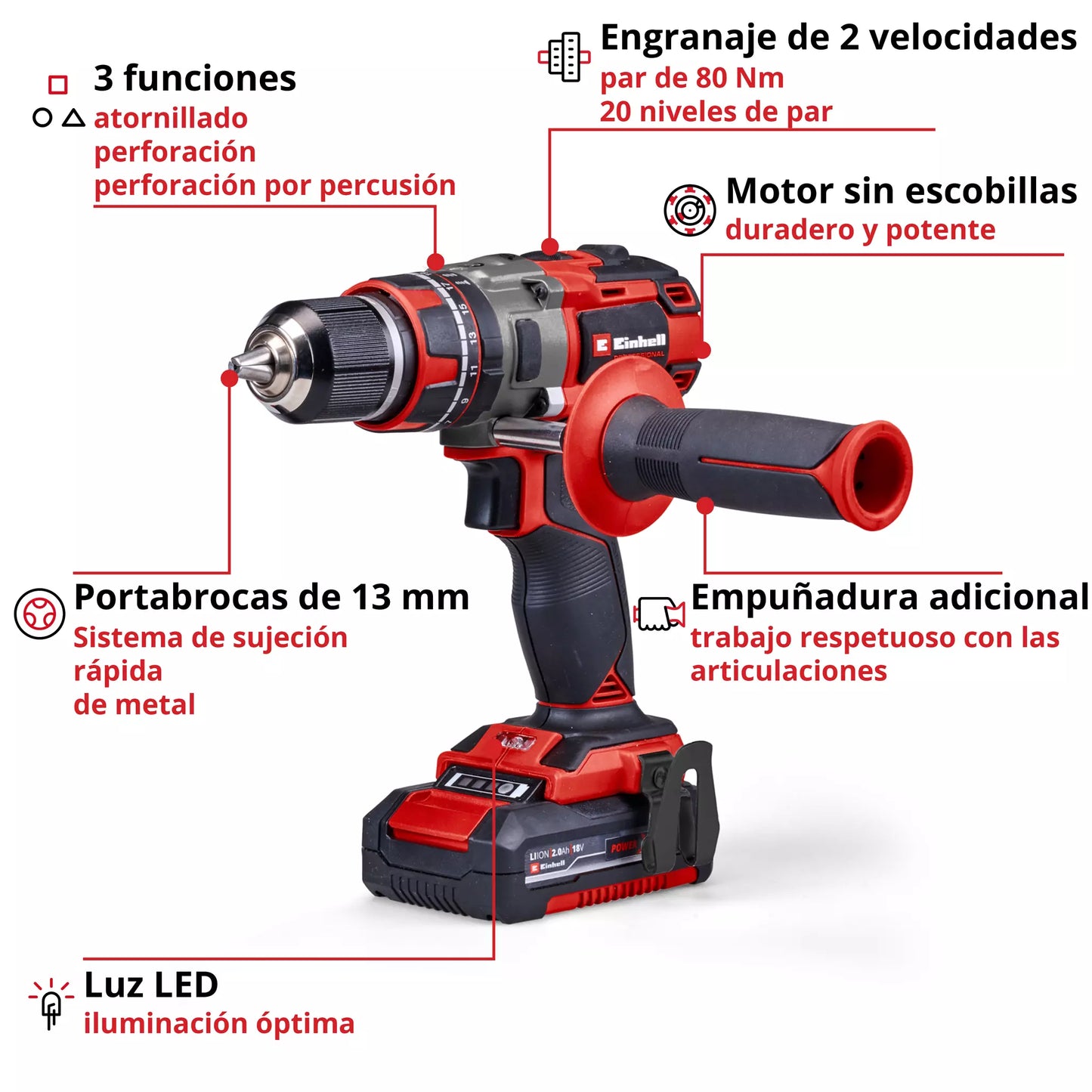 Taladro percutor 18V + 2bat 2Ah + cargador + maletín Einhell TP-CD 18/80 Li-i BL